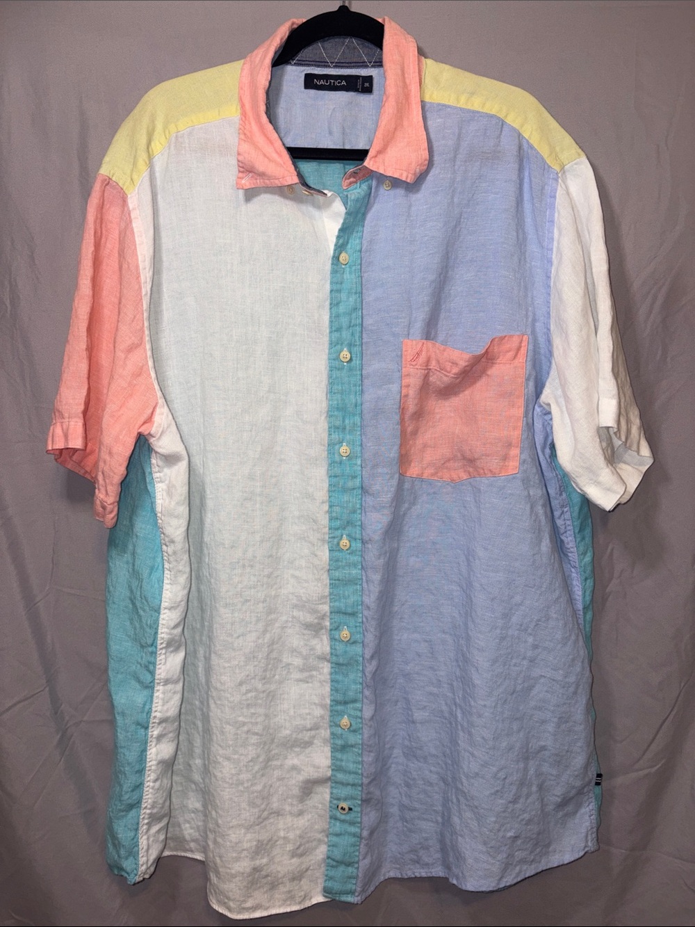 Nautica Men’s Colorblock Linen Button-Up Shirt - Pastel Multi